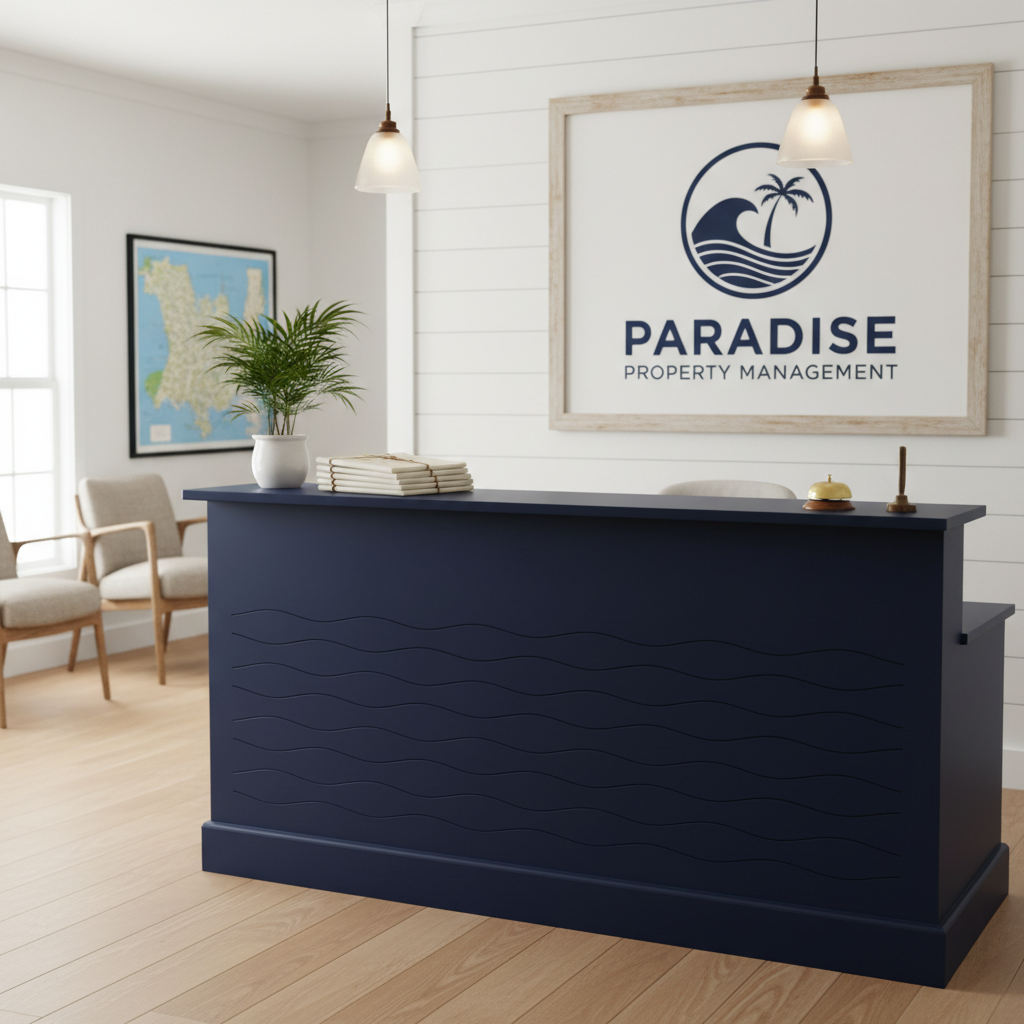 A bright, organized property management office reception area with coastal-inspired decor: white shiplap walls, light oak flooring, and a navy-blue front desk with a subtle wave pattern. On the wall behind the desk, a large, tastefully framed Paradise Property Management logo is the clear focal point. A tidy stack of property folders, a small potted palm, and a polished brass desk bell sit neatly arranged on the counter. Soft, diffused daylight streams in from a nearby window, complemented by warm pendant lights, creating a welcoming, dependable mood. Photographic realism, eye-level composition with moderate depth of field, keeping the logo and desk in sharp focus while the background seating area with neutral-toned chairs and a local area map fades gently into a soft blur.