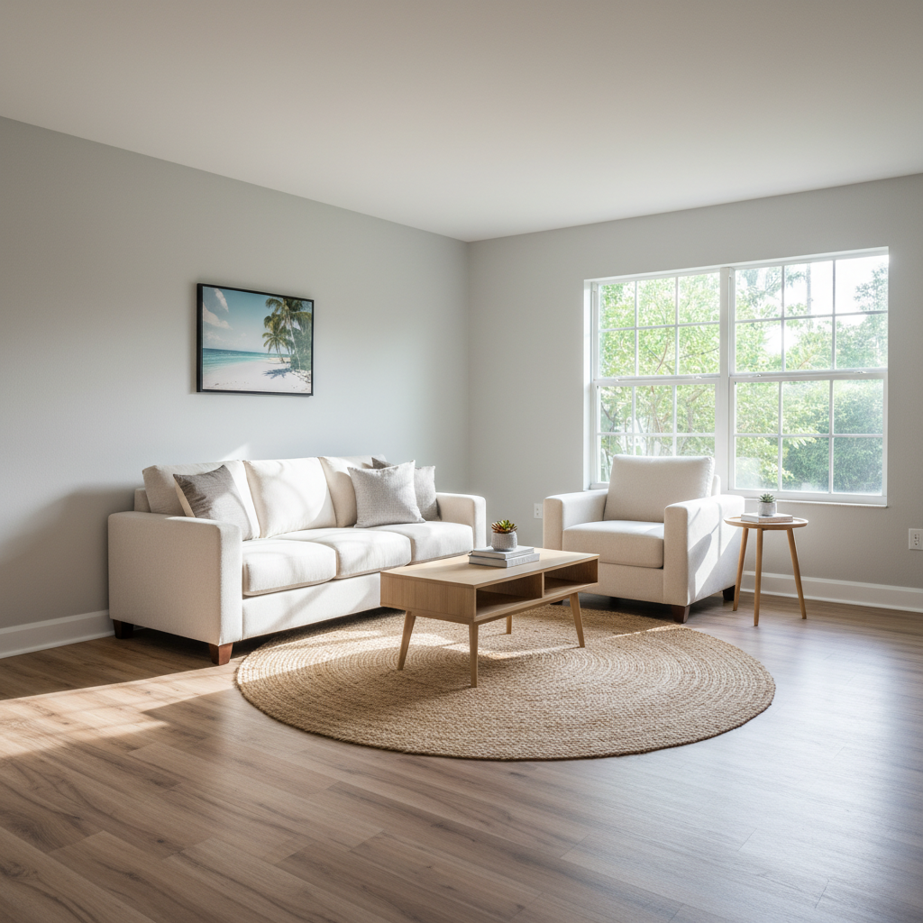 A pristine interior of a managed rental property’s living room, featuring light gray walls, wide-plank wood-look flooring, and large, spotless windows framed by simple white trim. A neutral, well-coordinated furniture set—clean beige sofa, simple wooden coffee table, and a woven jute rug—creates a welcoming, move-in-ready feel. On the wall, a small framed print of a coastal scene nods to the local Florida environment. Soft late-morning natural light fills the room, creating gentle highlights on the floors and subtle shadows under the furniture. Photographic realism, wide-angle lens from a corner vantage point, capturing the whole space in sharp focus. The mood is calm, dependable, and meticulously cared for, emphasizing the quality and professionalism of the property management.