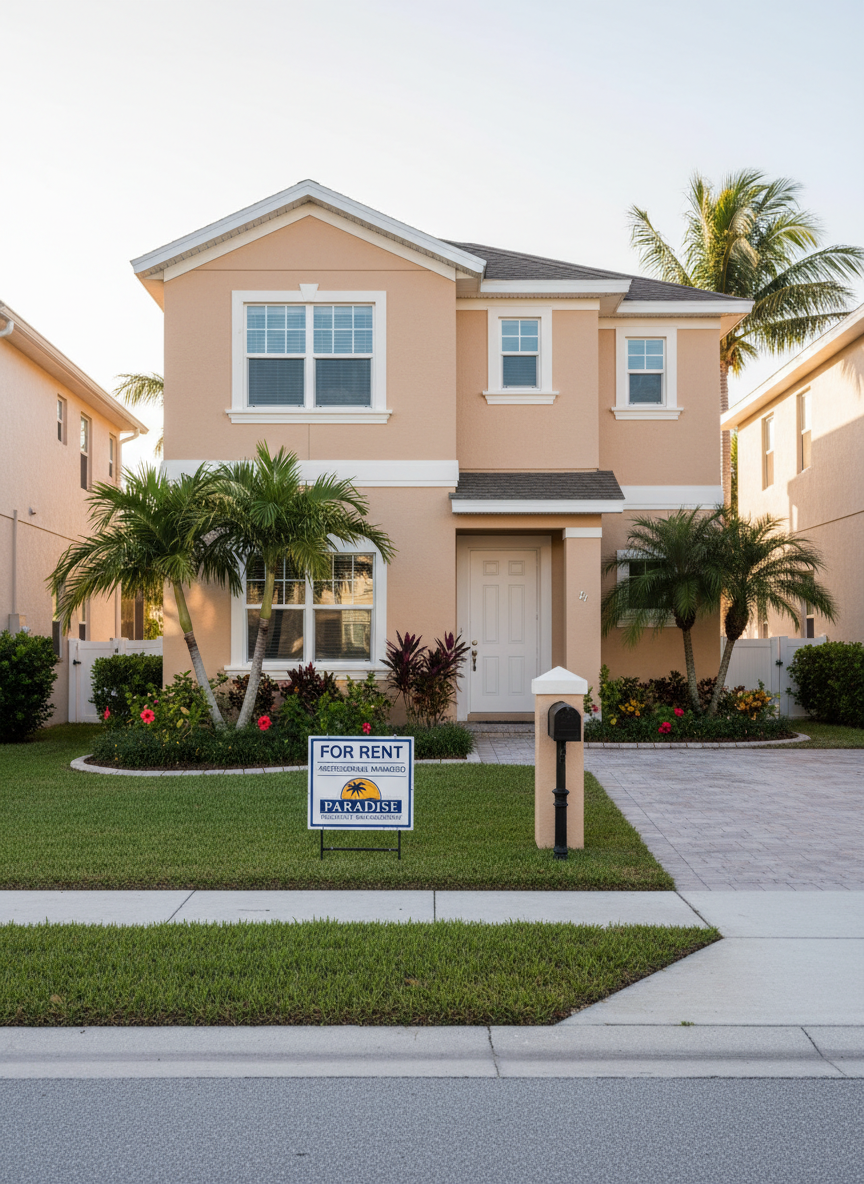 A well-maintained coastal rental home exterior, painted in soft sand tones with crisp white trim, surrounded by neatly edged green lawn and carefully pruned tropical landscaping. A clean, clearly legible “For Rent – Professionally Managed” yard sign with the Paradise Property Management logo stands near the front walk. The scene is set on a quiet residential street with other tidy homes subtly blurred in the background. Warm late-afternoon natural light creates gentle highlights on the siding and cast-iron mailbox, with long, calm shadows stretching across the driveway. Photographic realism, shot at eye level with a slightly wide lens, emphasizing trust, order, and reliability in a clean, professional, small-town Florida neighborhood atmosphere.