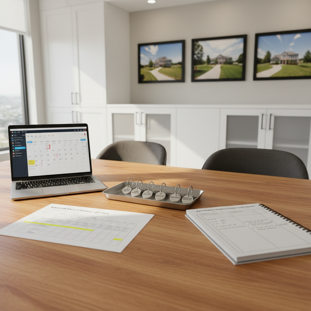 A sunlit conference table in a modern yet relaxed property management office, with neatly arranged tools of the trade: a detailed printed maintenance schedule, an open laptop displaying a property calendar, a set of labeled key rings on a brushed metal tray, and a bound inspection checklist with handwritten notes visible. The table is natural wood with a subtle grain, set against a backdrop of built-in white cabinetry and framed aerial photographs of local neighborhoods. Natural window light mixes with discreet recessed lighting, creating a bright, focused atmosphere. Photographic realism, shot from a slightly elevated angle using rule-of-thirds composition, with shallow depth of field that keeps the documents and keys crisp while the background softens, conveying organization, responsiveness, and behind-the-scenes care.