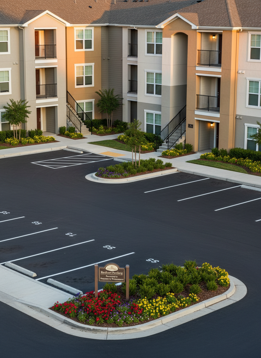 A carefully maintained multifamily property parking lot and common area at sunrise, with freshly striped parking spaces, tidy curbs, and trimmed hedges lining the walkways. A small, professionally designed sign at the entrance reads “Resident Parking – Managed by Paradise Property Management,” positioned beside a flower bed of seasonal blooms. The buildings are painted in harmonious neutral tones, with clean stair railings and well-lit exterior doors visible in the mid-ground. Warm golden-hour light casts a soft glow across the asphalt and building facades, creating long, peaceful shadows and subtle reflections on nearby windows. Photographic realism, composed from a slightly elevated angle to show both the parking layout and building entrances, capturing a mood of safety, reliability, and quiet early-morning readiness.