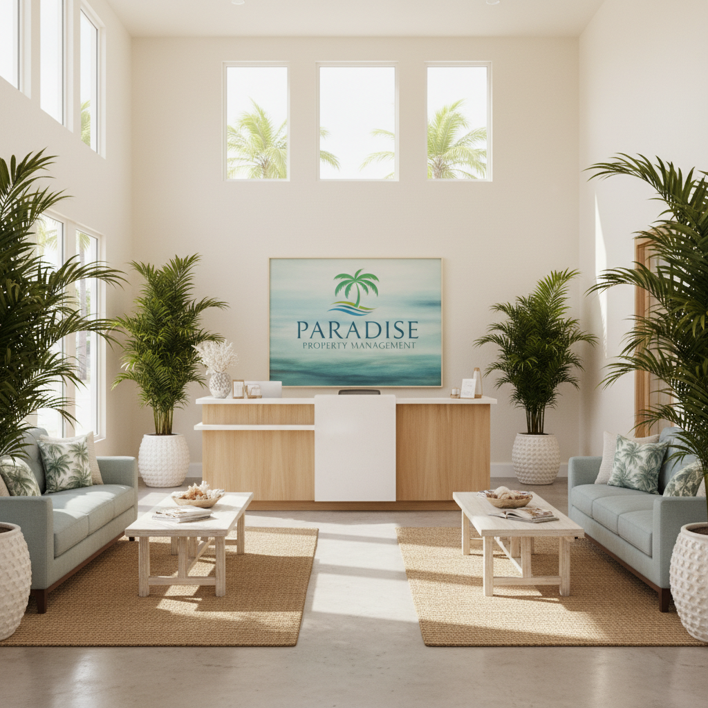 Bright, welcoming interior of a Florida coastal property management office lobby with light walls, palm-inspired decor, and a modern reception desk featuring the Paradise Property Management logo. Potted palms, coastal artwork, and natural sunlight create an inviting, professional atmosphere.