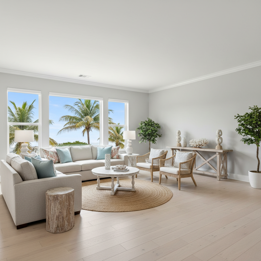 Pristine living room of a Florida coastal rental home with light gray walls, wide-plank floors, large windows with palm tree views, and neutral coastal-inspired furniture. Bright natural light, airy feel, and tidy decor emphasize a well-managed, move-in-ready space.