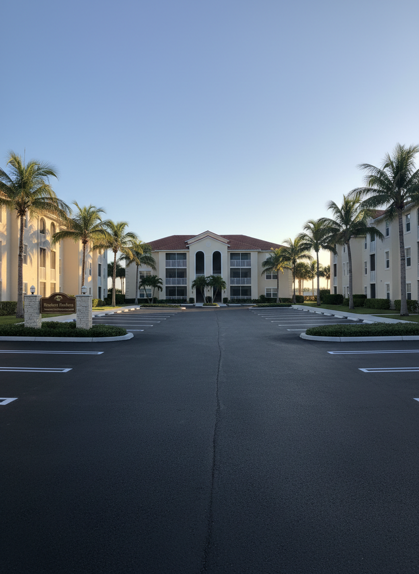 Florida coastal multifamily property parking area at sunrise with freshly striped spaces, clean curbs, trimmed palms and hedges, and light-colored apartment buildings in the background. A small, tasteful sign reads "Resident Parking – Managed by Paradise Property Management." Warm, golden light and clear skies convey safety and reliability.